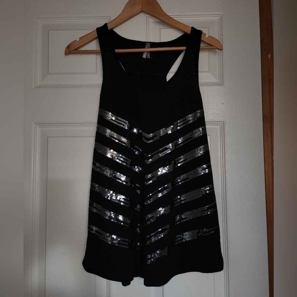 Vanity black tank top with silver sequins